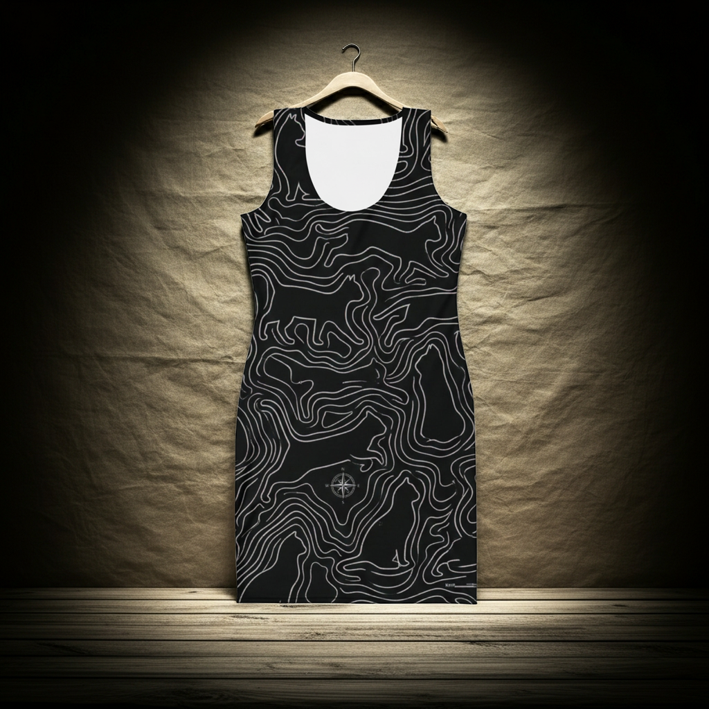 The Night Walker | Topographic Cat Bodycon Dress Design Paws – onderdeel van Jandk.