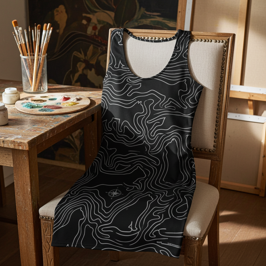 The Night Walker | Topographic Cat Bodycon Dress Design Paws – onderdeel van Jandk.