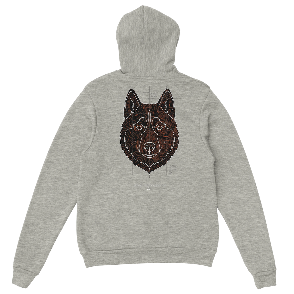 Gorpcore stijl hoodie met Siberische Husky in topografisch kaart design. Technische 'outdoor' streetwear voor hondenliefhebbers. Heavyweight kwaliteit in aardetinten.