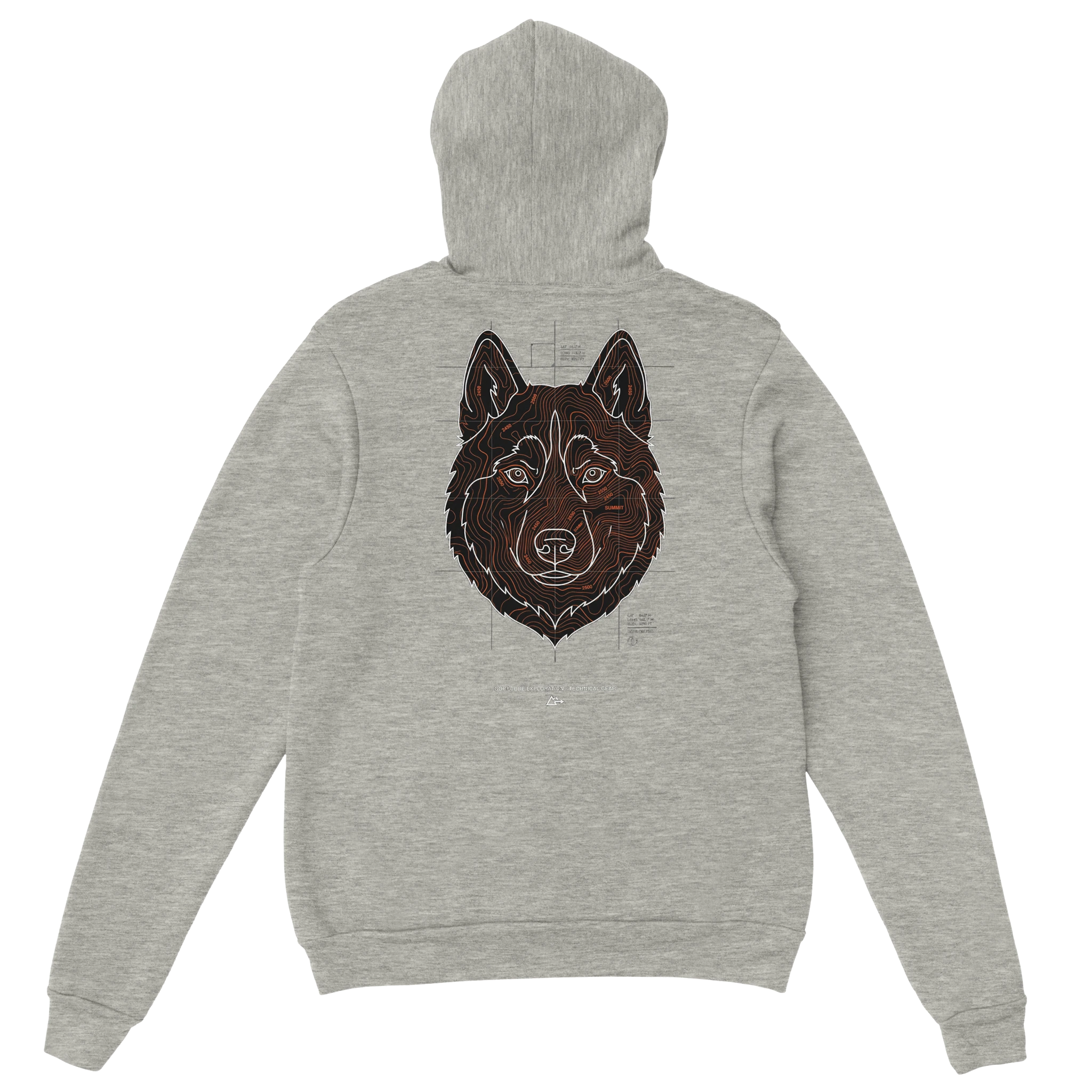 Gorpcore stijl hoodie met Siberische Husky in topografisch kaart design. Technische 'outdoor' streetwear voor hondenliefhebbers. Heavyweight kwaliteit in aardetinten.