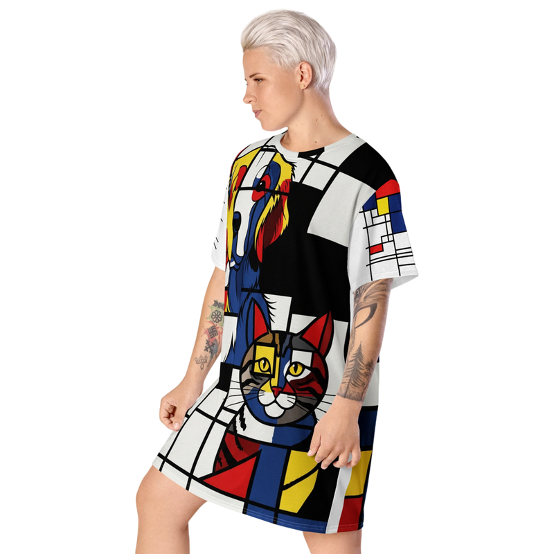 Abstracte Dierenprint T-shirt Jurk | Oversized Casual Fit - Vibrant Pets