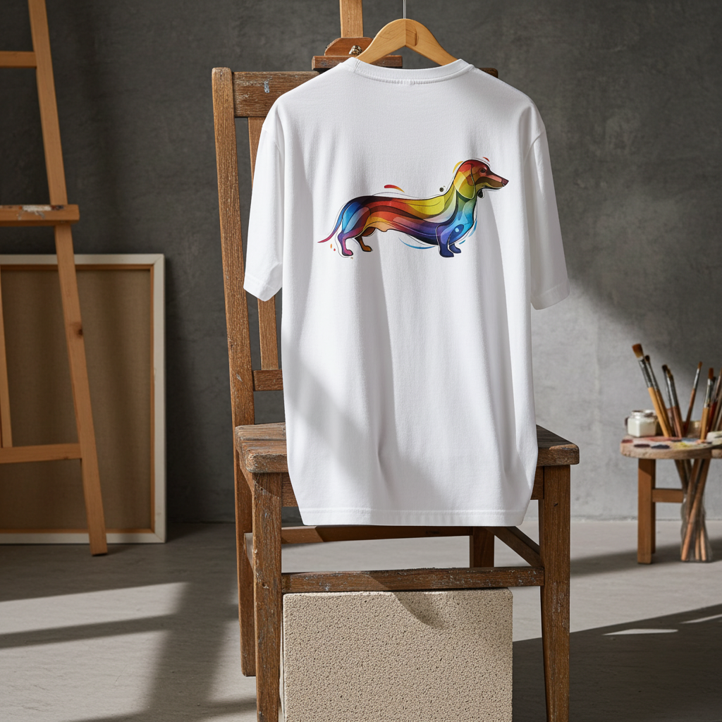 Abstract Teckel T-shirt | Moderne Kunst Hondenprint Unisex Design Paws – onderdeel van Jandk.