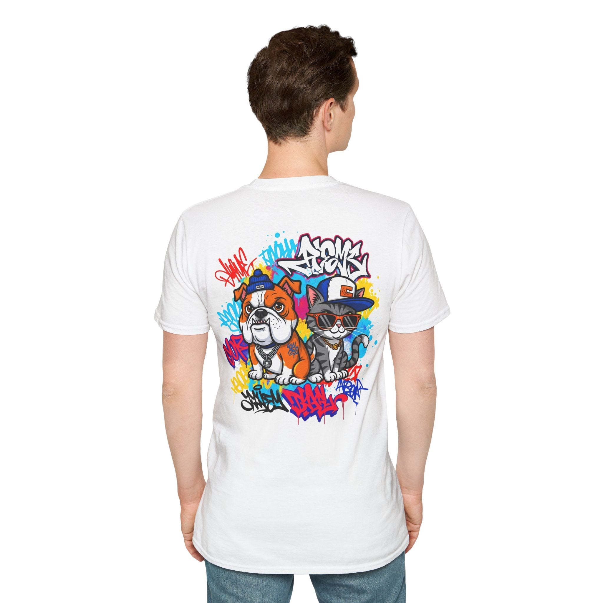 Bulldog & Cat Graffiti Tee — Urban Streetwear Dog and Cat Art T-Shirt Printify
