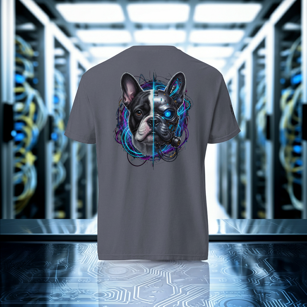 Cyber-Frenchie | Heavyweight Back Print Tee – Urban Black Design Paws – onderdeel van Jandk.
