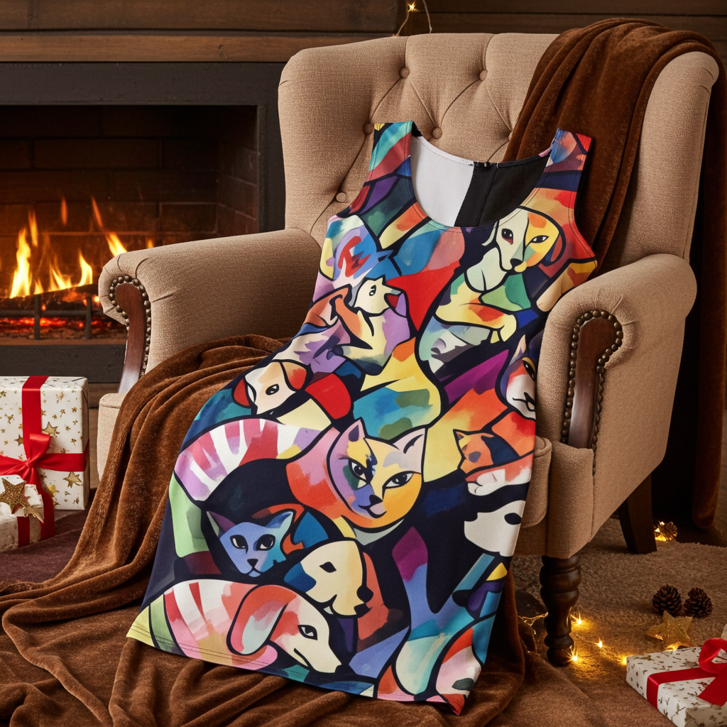 Abstract Menagerie Feline | Flowing Wearable Art – Tech Knit Fabric designpaws
