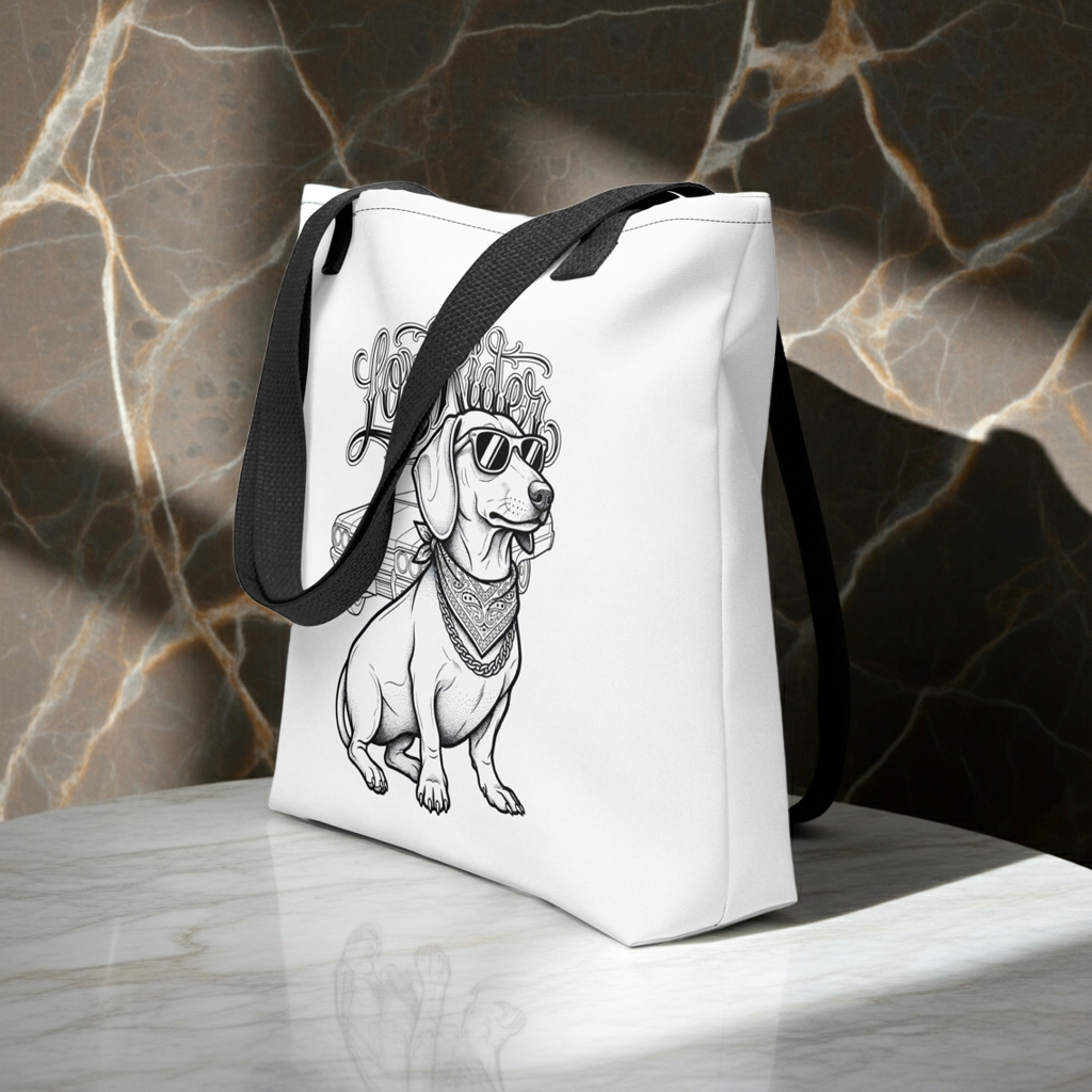 Witte canvas tas met een zwart-wit illustratie van een Teckel met zonnebril en bandana