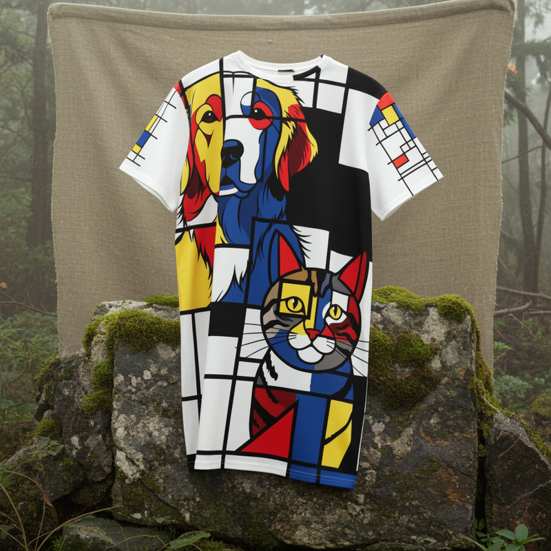 Abstracte Dierenprint T-shirt Jurk | Oversized Casual Fit - Vibrant Pets