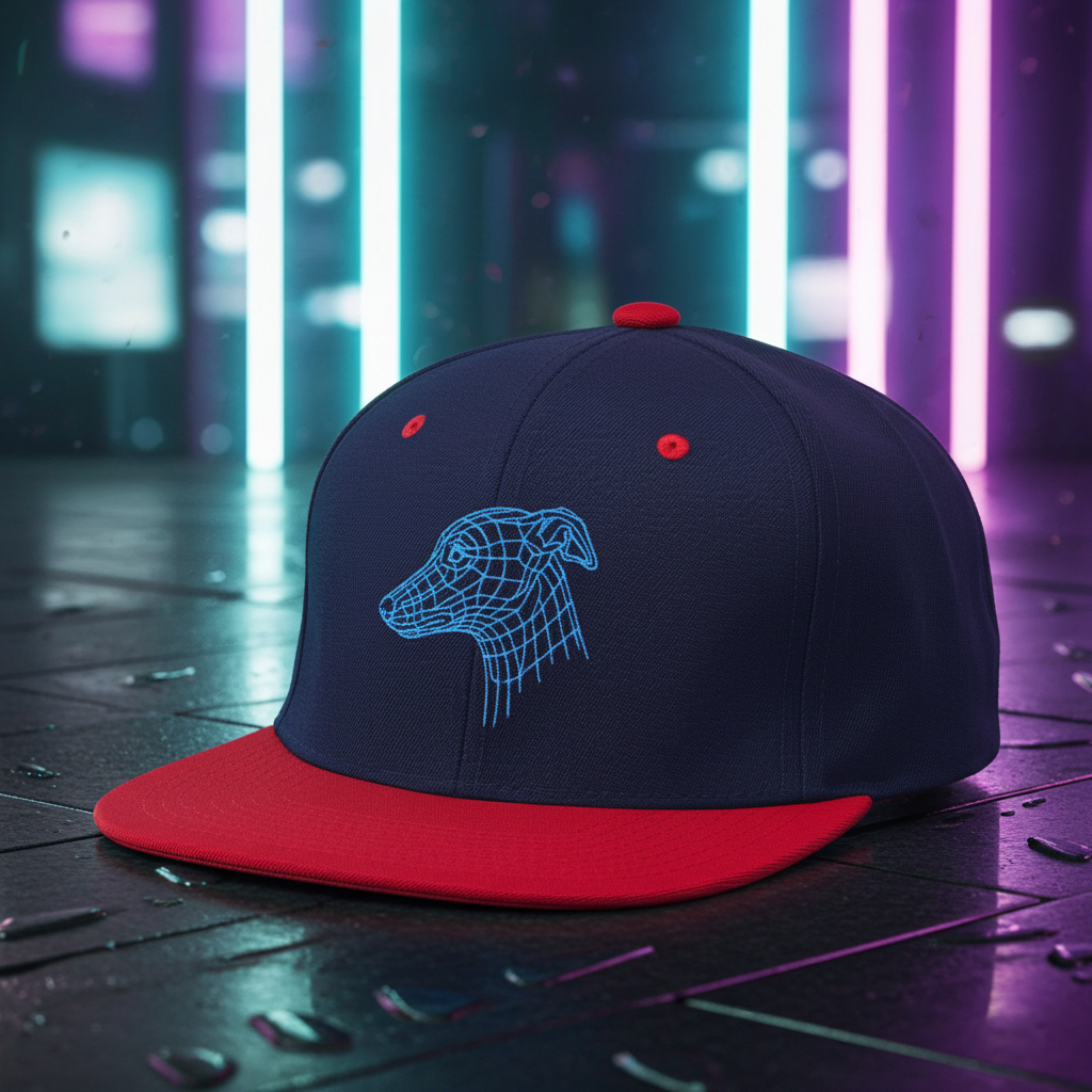 baseball pet met een minimalistisch neon blauw borduursel van een Greyhound hond in 3D-draadmodel stijl