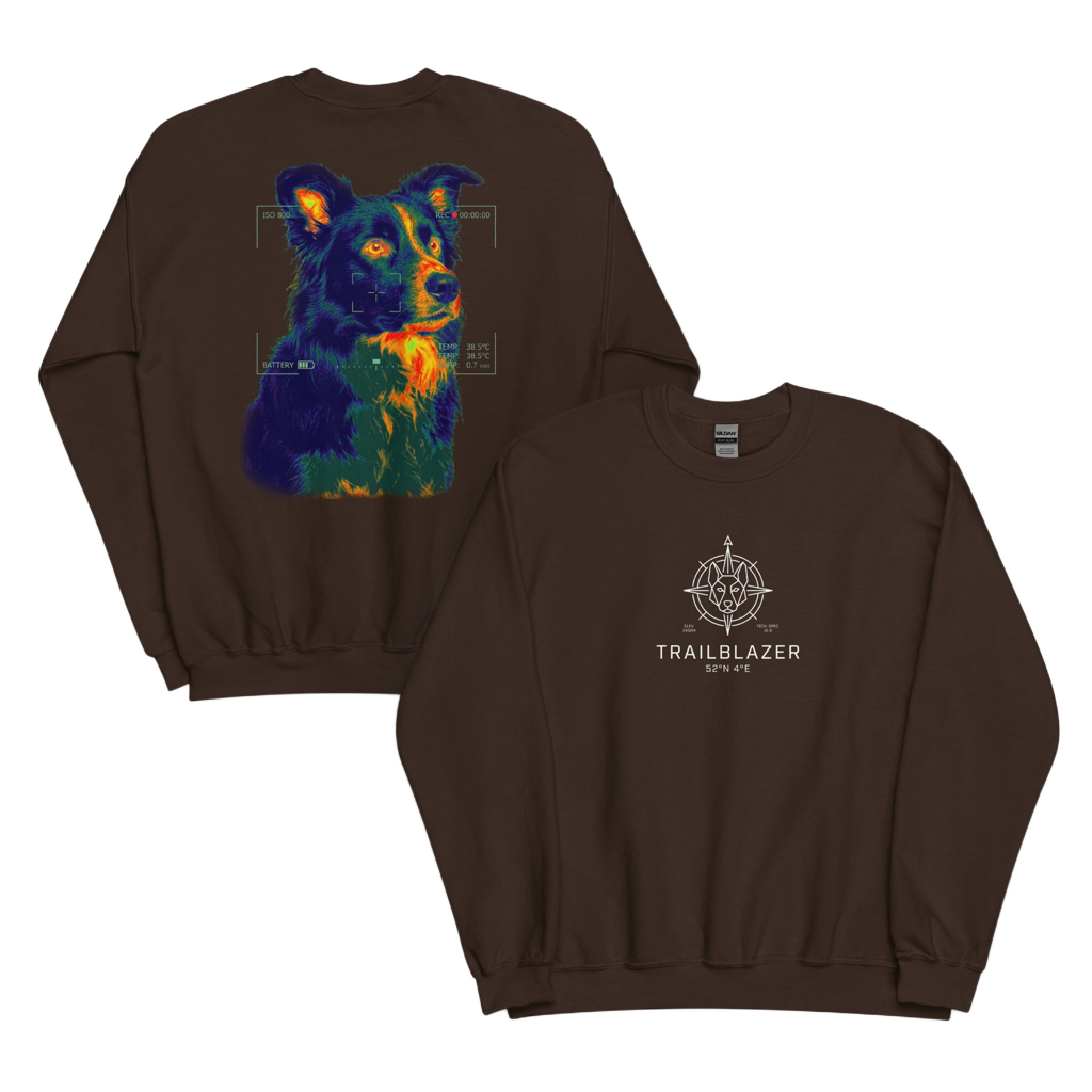 Trui met grafische print van een Border Collie hond in infrarood warmtebeeld kleuren (blauw, paars, oranje) met technische camera interface overlay