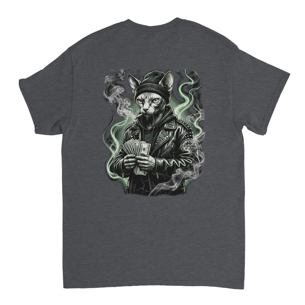 Grijs vintage t-shirt met grafische print van een Sphynx kat in leren jas en muts die geld vasthoudt, omringd door rook in 90s rap stijl