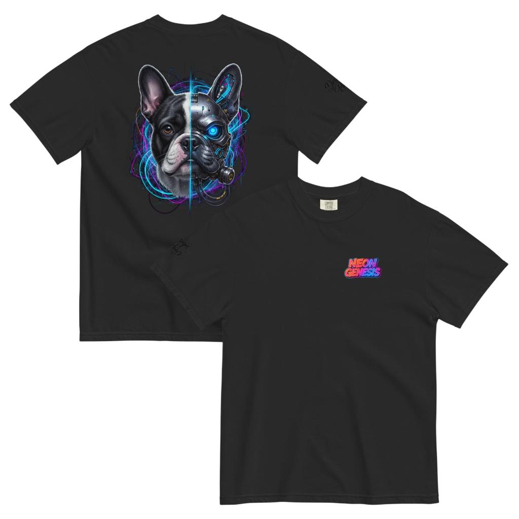 Cyber-Frenchie | Heavyweight Back Print Tee – Urban Black Design Paws – onderdeel van Jandk.