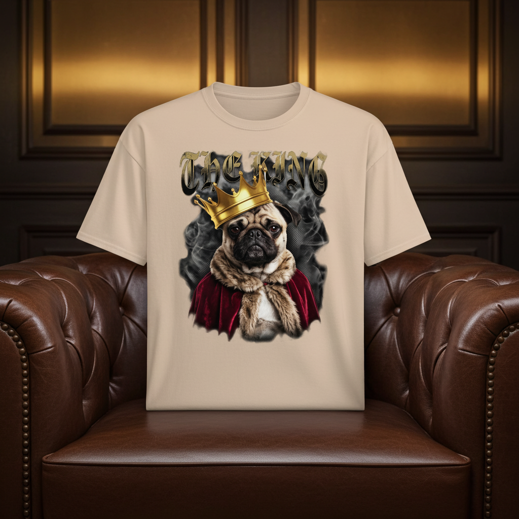 The King | Pug Vintage T-shirt – Heavyweight Design Paws – onderdeel van Jandk.