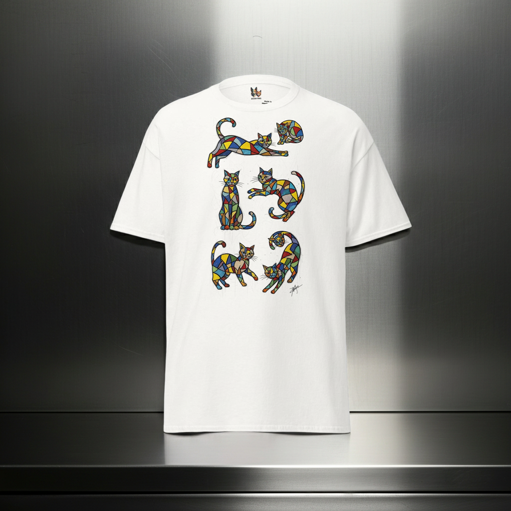 T-Shirt "Geslepen Katten" | Abstract Cats Collection Design Paws – onderdeel van Jandk.