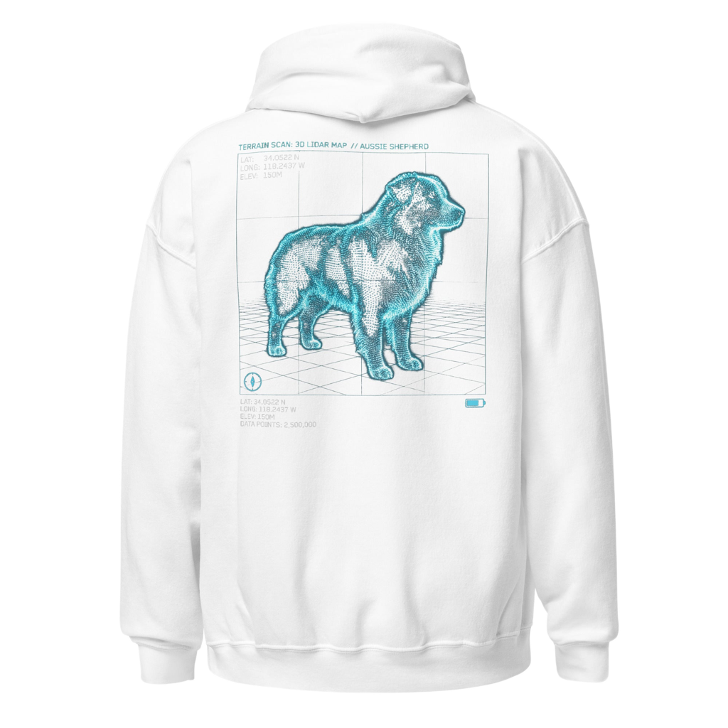 t-shirt met grafische print van een Australian Shepherd hond gemaakt van duizenden blauwe lichtgevende puntjes (Lidar scan) in techwear stijlJandk.