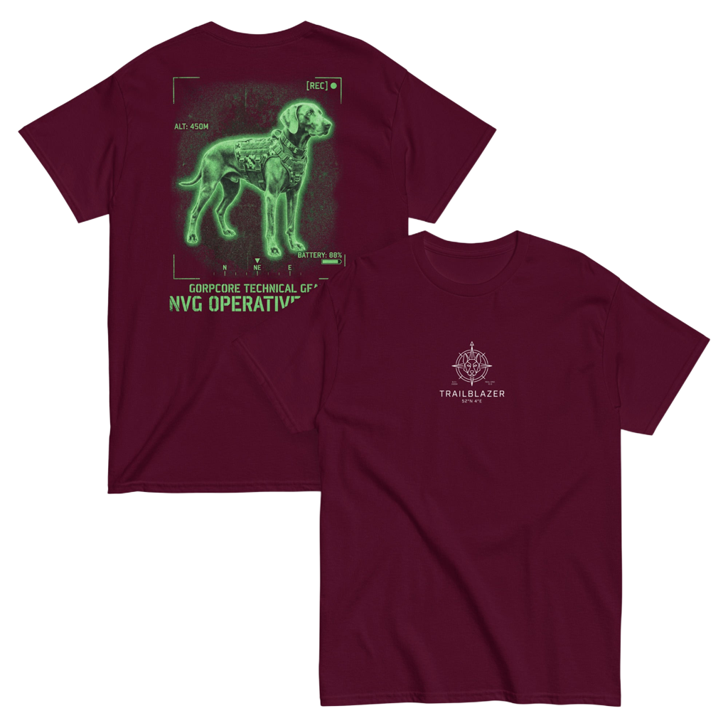 t-shirt met grafische print van een Weimaraner hond in groen nachtzicht (night vision) met tactische camera interface overlay