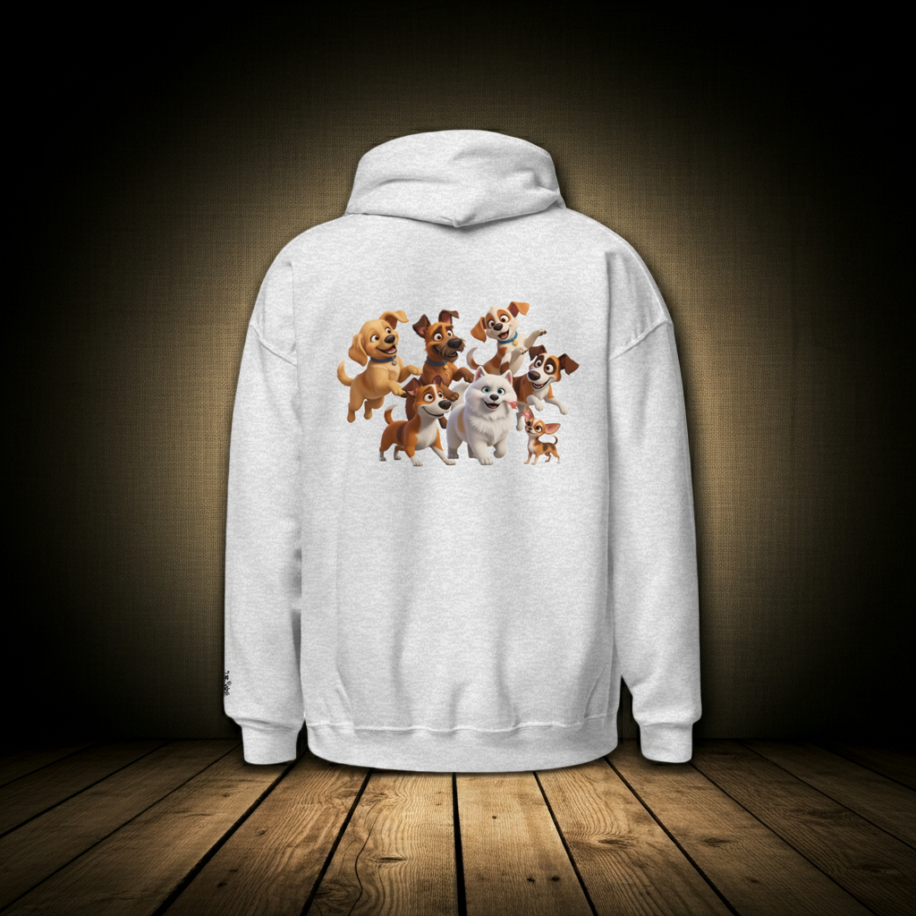 Cartoon hondenprint unisex hoodie, Pixar stijl. Levendige grafische trui.