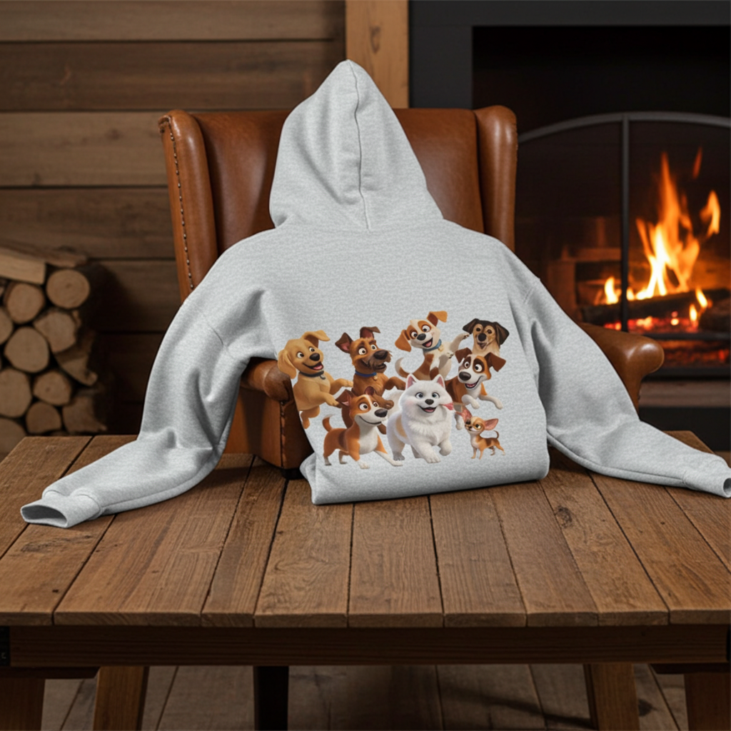 Cartoon hondenprint hoodie unisex. Grafisch ontwerp in Pixar-stijl.