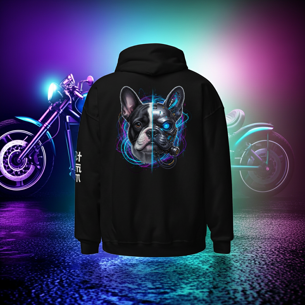 Cyber-Frenchie | Premium Hoodie – Back Print Edition Design Paws – onderdeel van Jandk.