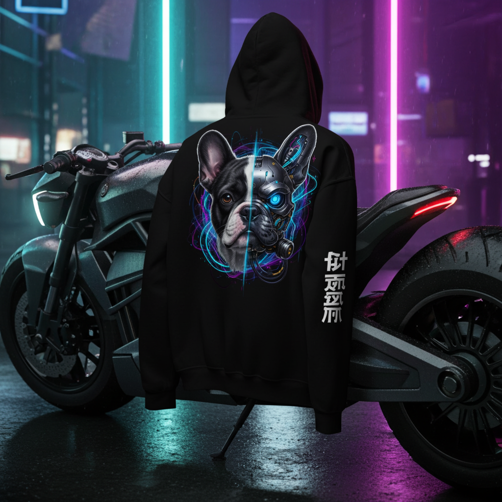 Cyber-Frenchie | Premium Hoodie – Back Print Edition Design Paws – onderdeel van Jandk.