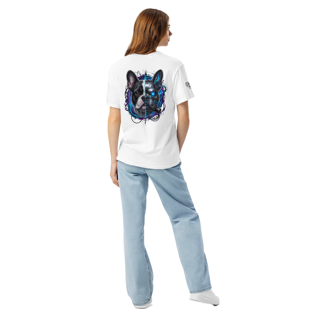 Cyber-Frenchie | Heavyweight Back Print Tee – Urban Black Design Paws – onderdeel van Jandk.