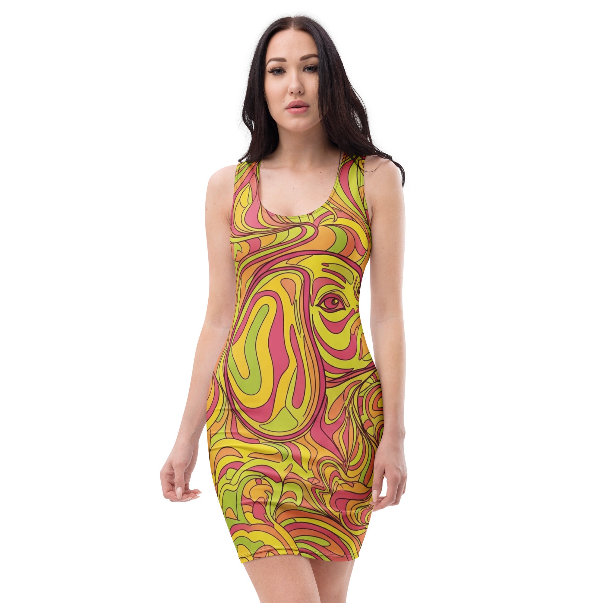 Levendige abstracte print swirl bodycon jurk in cut & sew stijl.