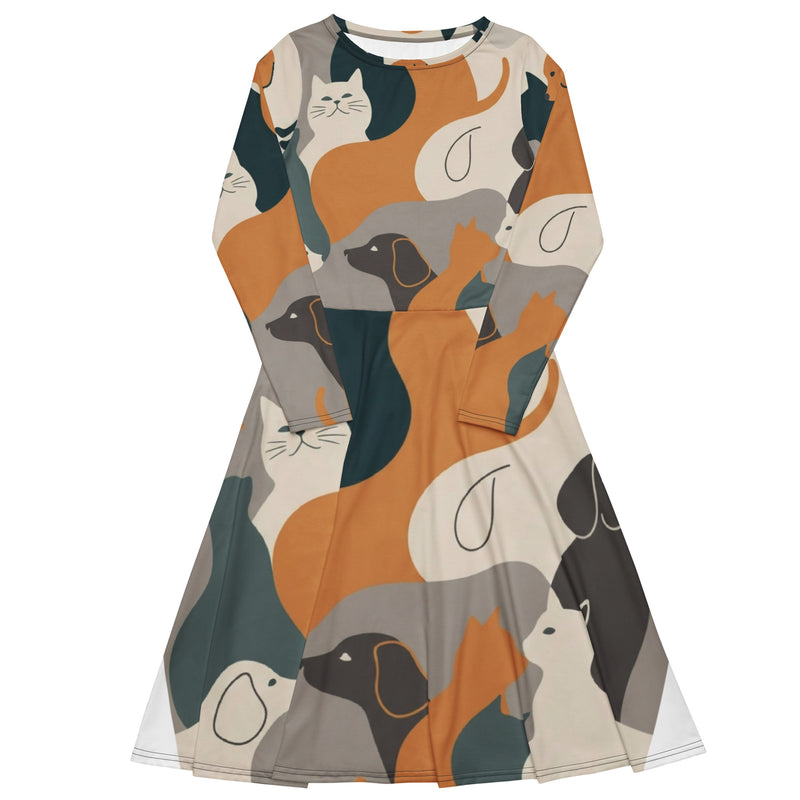 Abstracte Midi Jurk Dierenprint | A-lijn Lange Mouw - Hounds & Cats