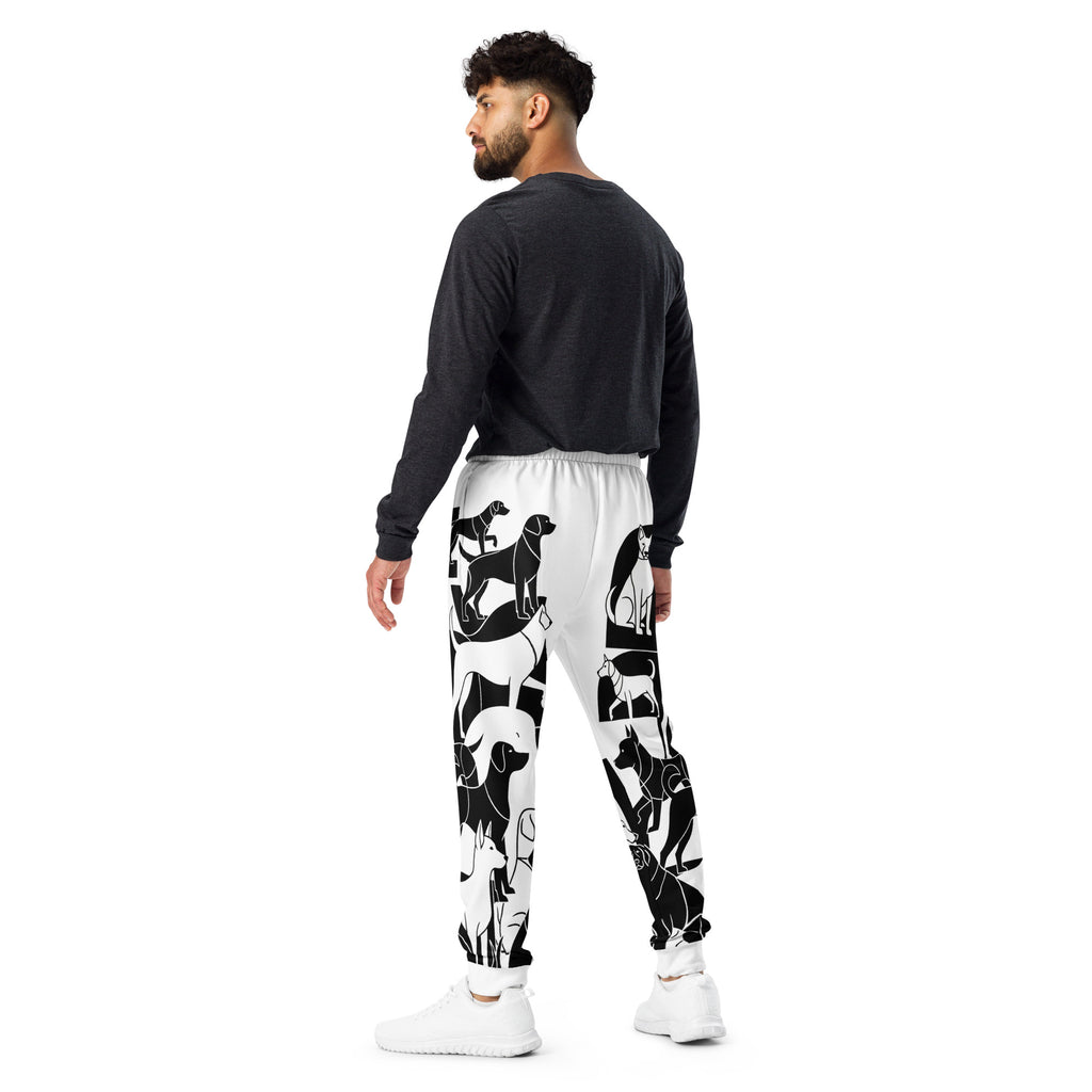 Abstracte zwart-witte hondenprint joggingbroek voor heren, comfortabele katoenmix
