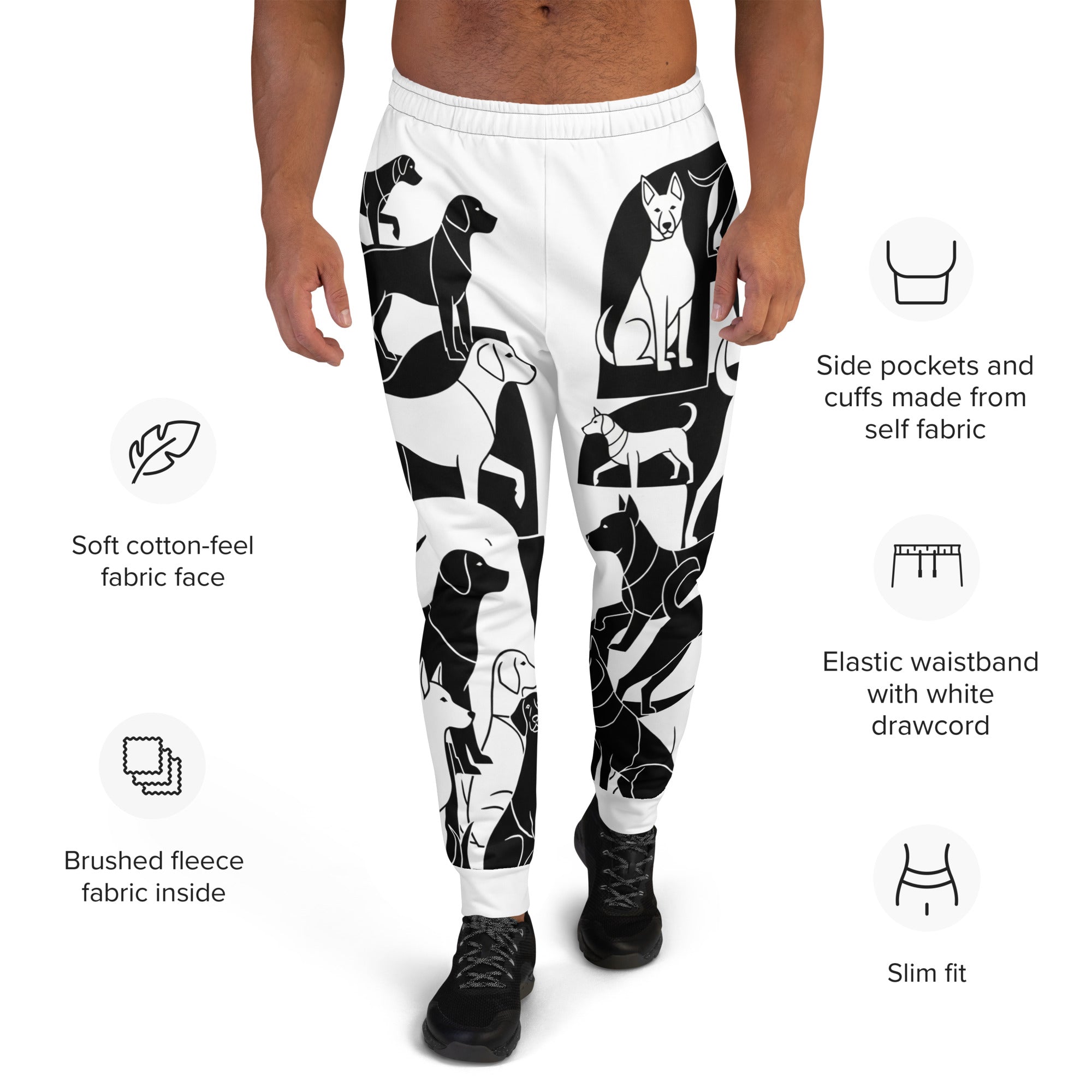 Zwart-witte heren joggingbroek (katoenmix) met abstracte hondenprint.