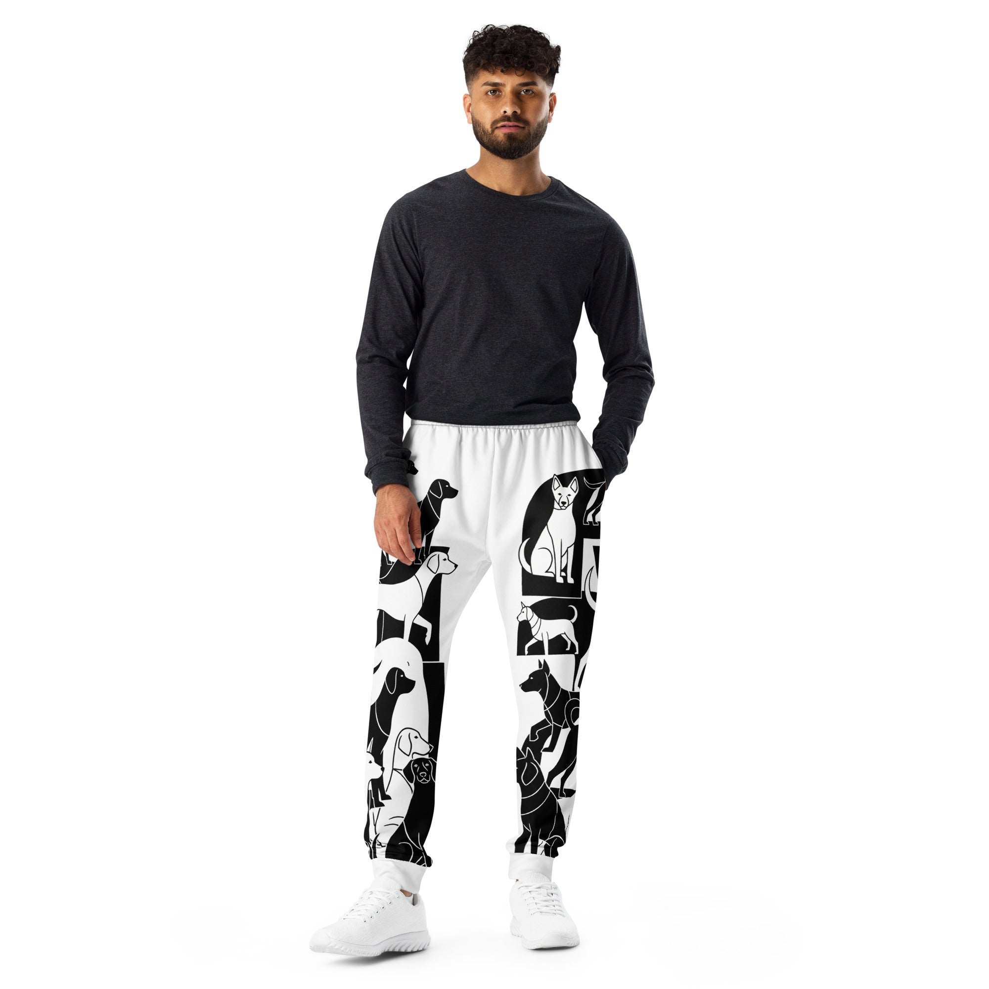 Heren joggingbroek met abstracte zwart-witte hondenprint van katoenmix