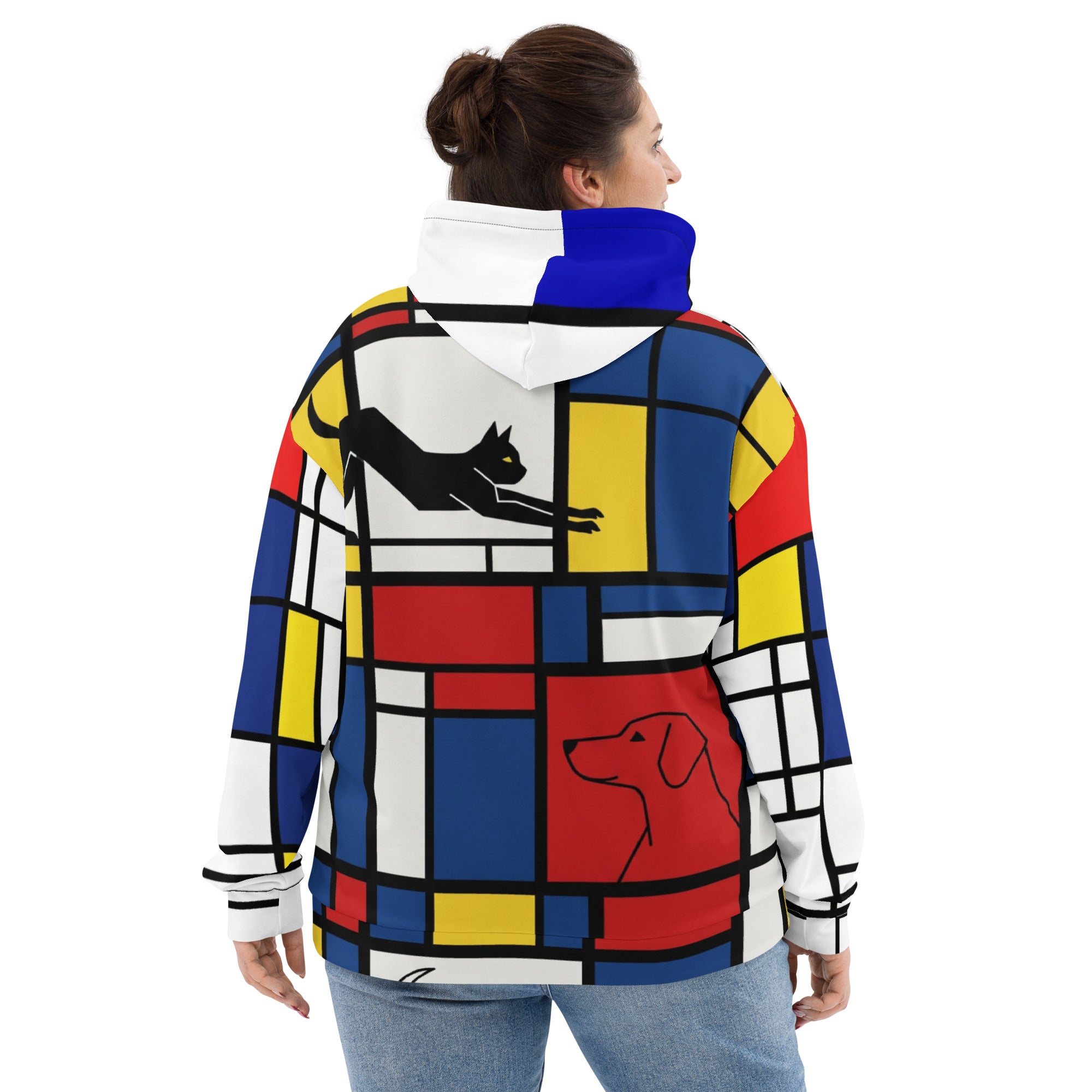 Abstracte Hondriaan hoodie, all-over print en geborstelde fleece