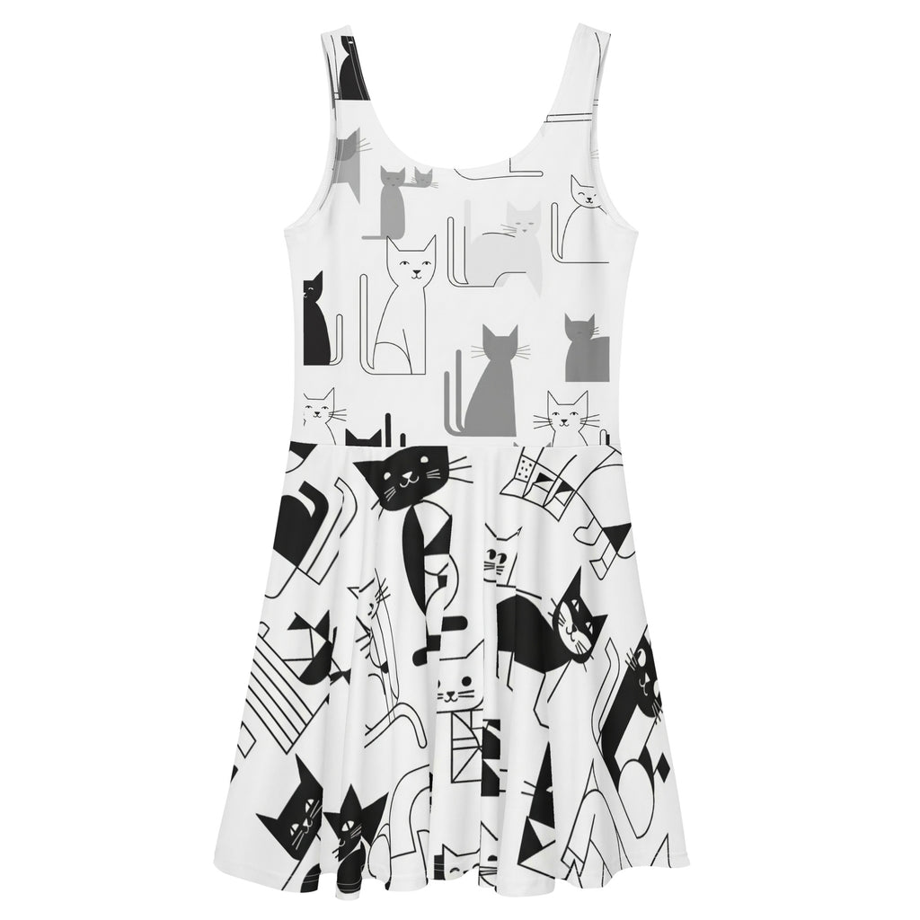 Abstracte Katten Skaterjurk. Elegante mouwloze midi-lengte jurk met levendige kattenprint.