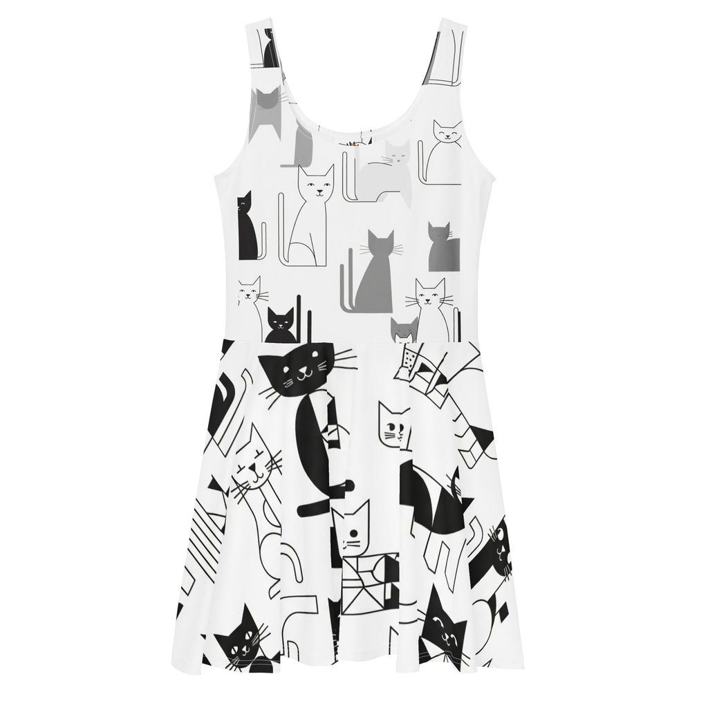 Elegante mouwloze midi skaterjurk met abstract kattenpatroon