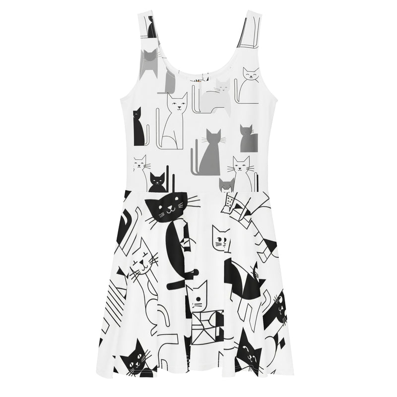 Abstracte Katten Skaterjurk | Elegante Mouwloze Midi-Lengte