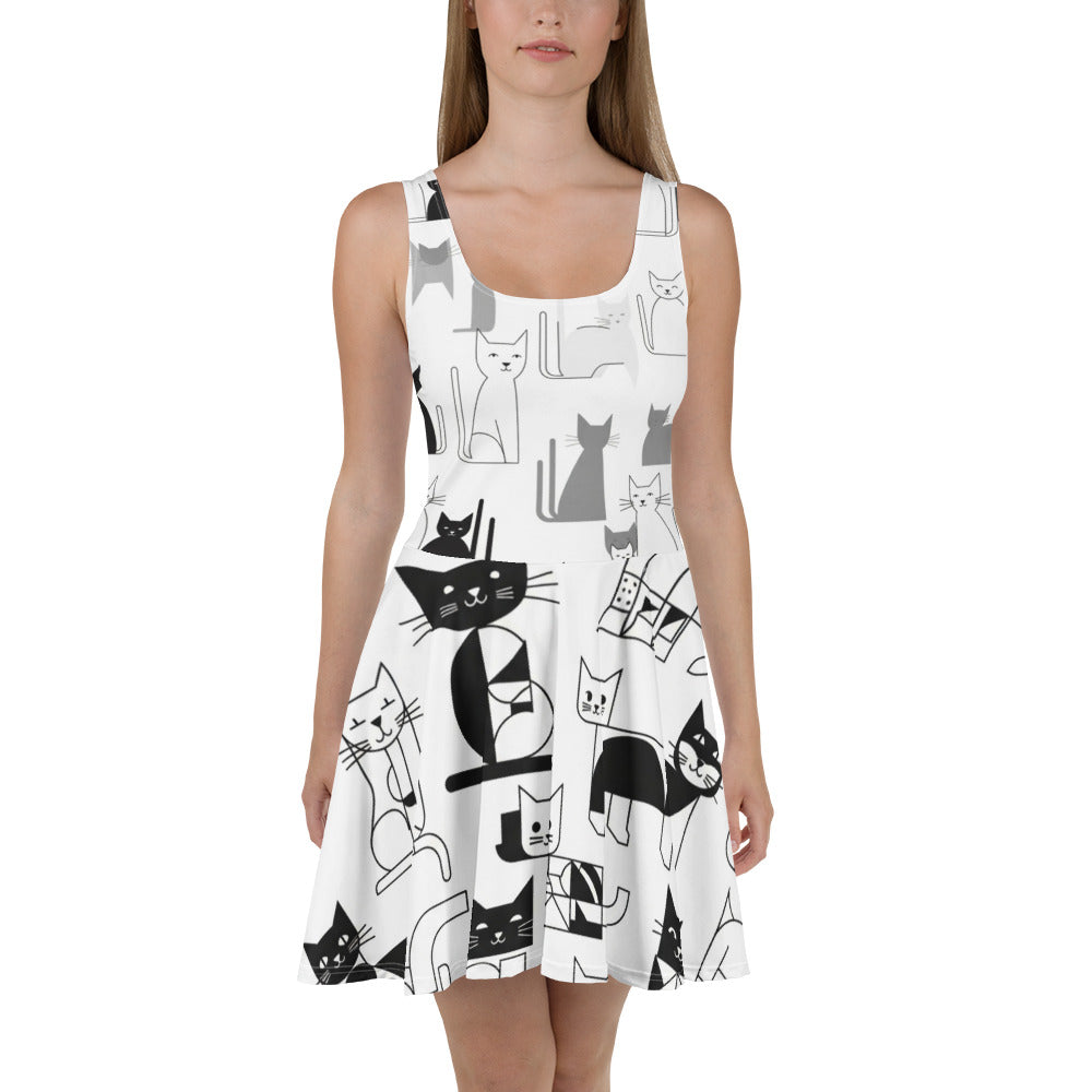 Mouwloze midi skaterjurk met abstracte kattenprint