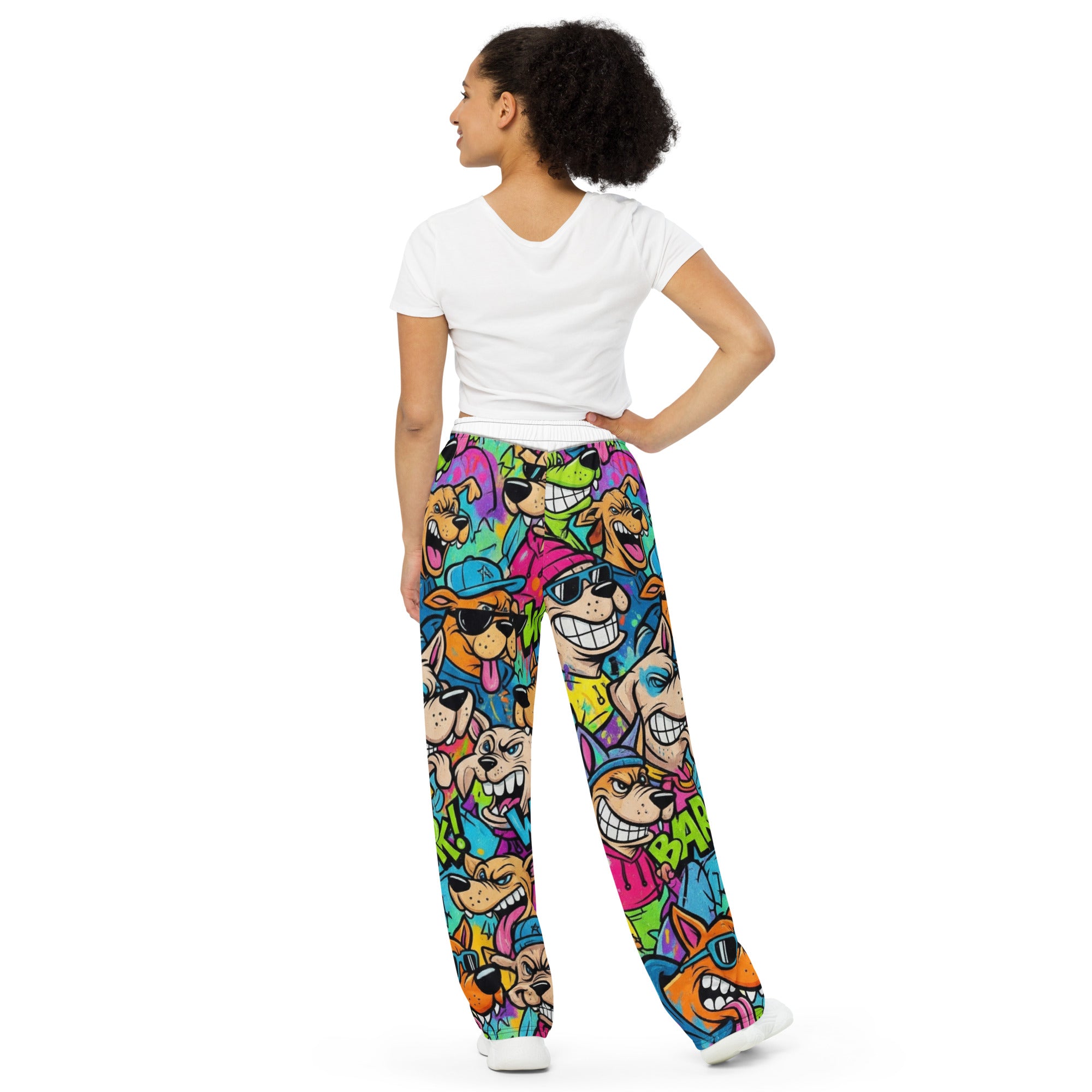 Abstracte dierenprint wide-leg broek, unisex comfort fit met zakken