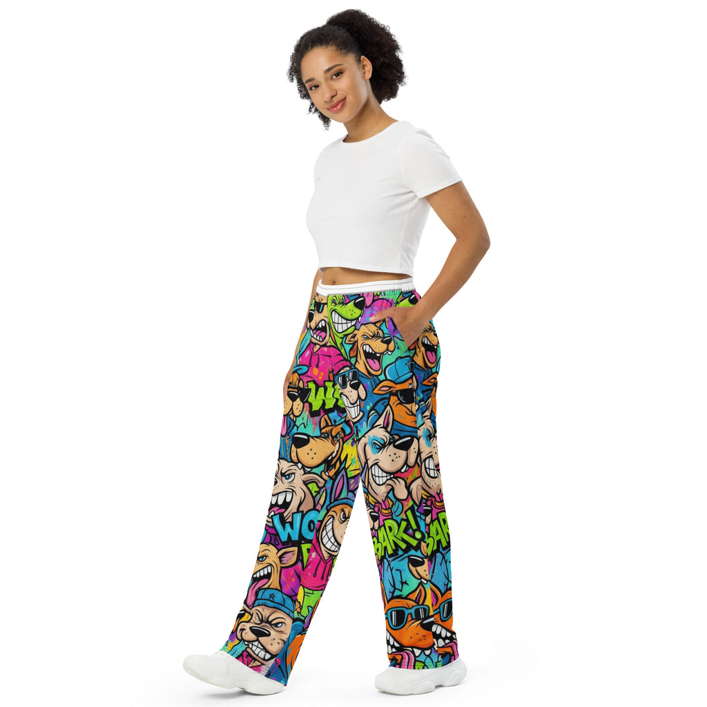 Unisex wide-leg broek met abstracte dierenprint en zakken.
