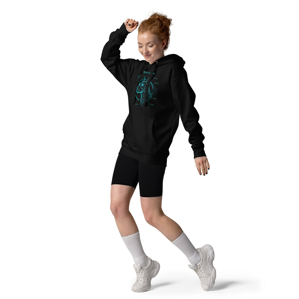 Oversized zwarte cyber-hond hoodie met gele neon draad en blauwe neon ogen, schematisch ontwerp