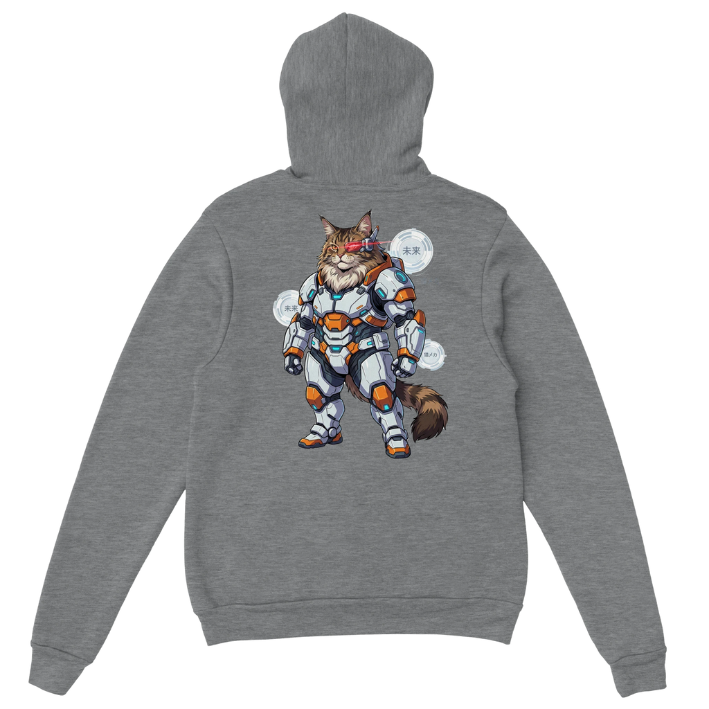 Hoodie met grafische print van een Maine Coon kat in een wit met oranje futuristisch robot pantser, anime mecha stijl met rode laser oog