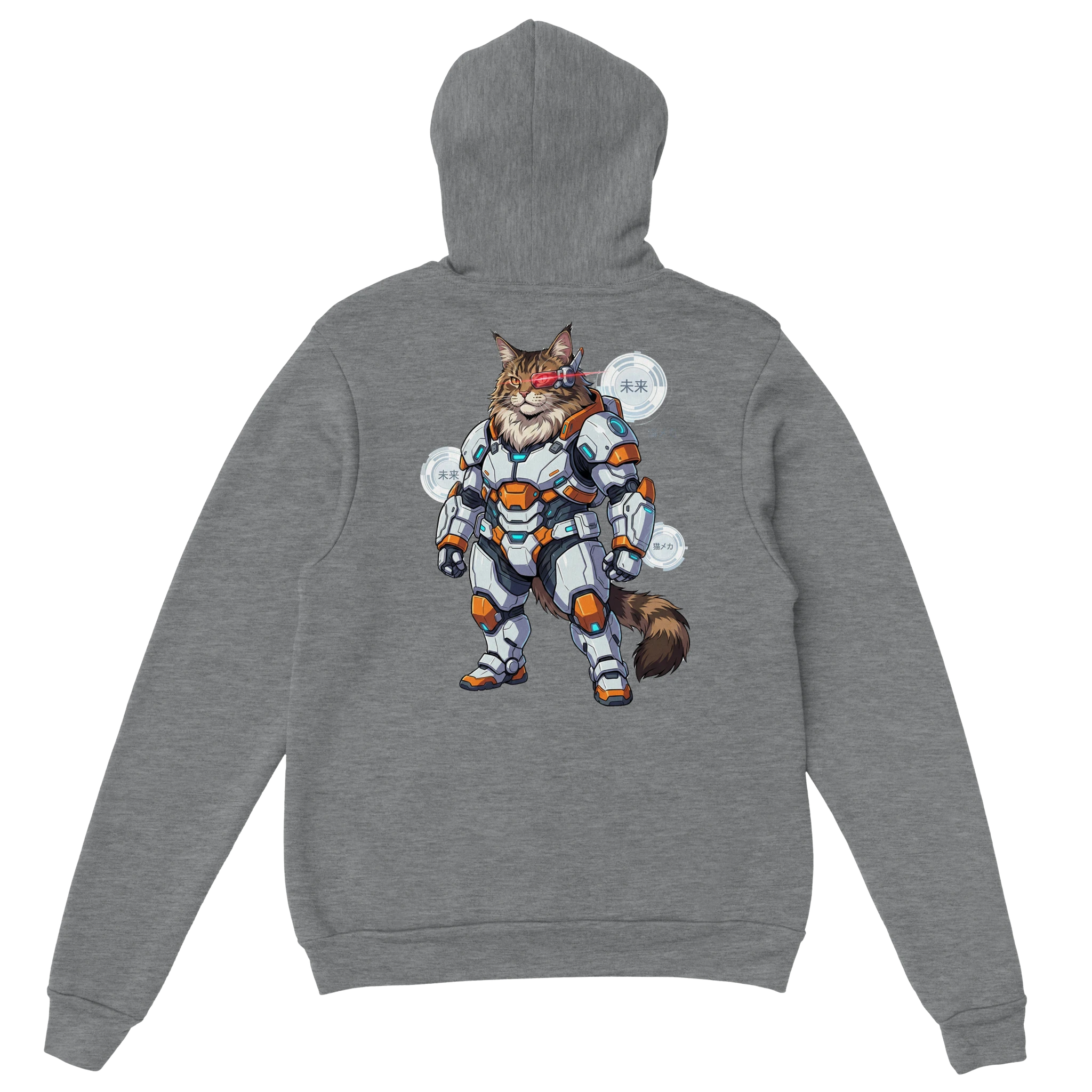 Hoodie met grafische print van een Maine Coon kat in een wit met oranje futuristisch robot pantser, anime mecha stijl met rode laser oog