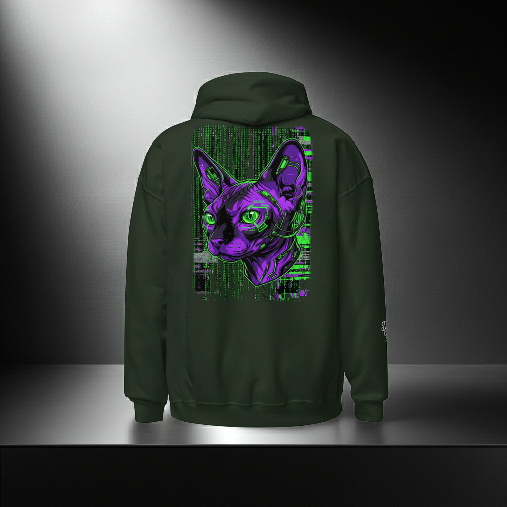 Sphynx Cat Cyberpunk Hoodie "System Override" | Neon Genesis Streetwear Design Paws – onderdeel van Jandk.