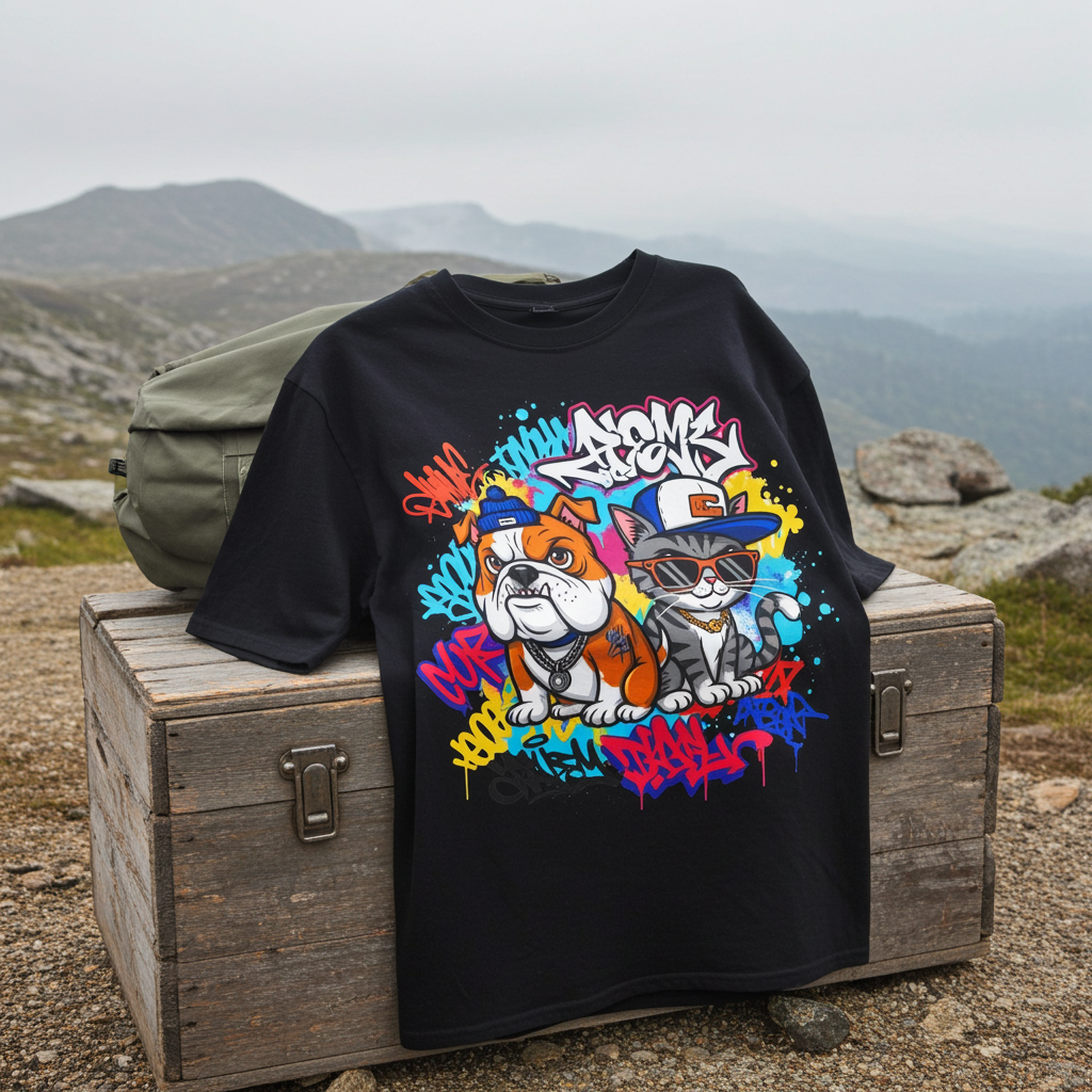 Bulldog en kat graffiti streetwear T-shirt met kunstprint