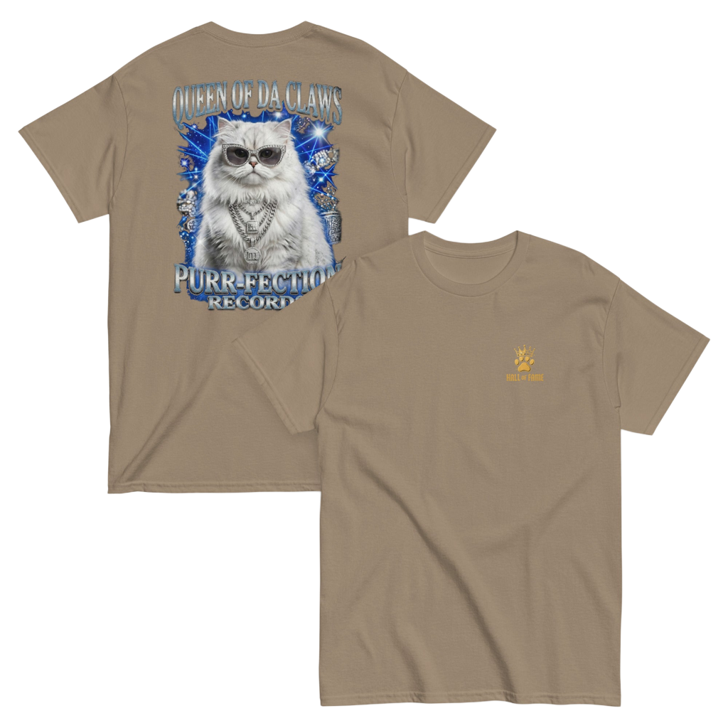 vintage t-shirt met grafische print van een witte Perzische kat met diamanten zonnebril en kettingen in 90s bling stijl