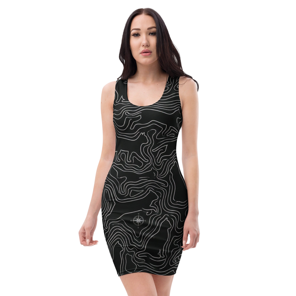 The Night Walker | Topographic Cat Bodycon Dress Design Paws – onderdeel van Jandk.