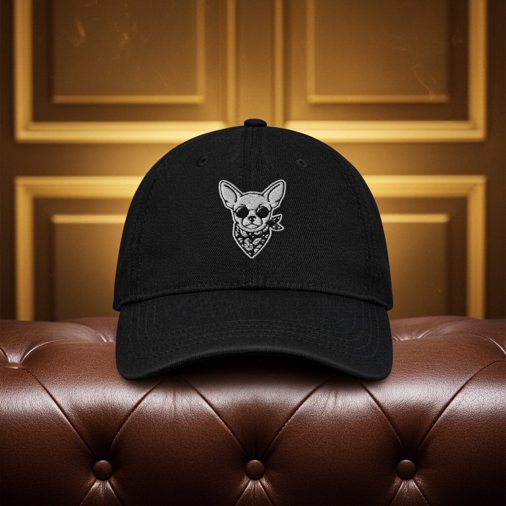 denim pet met geborduurd logo van een Chihuahua met zonnebril