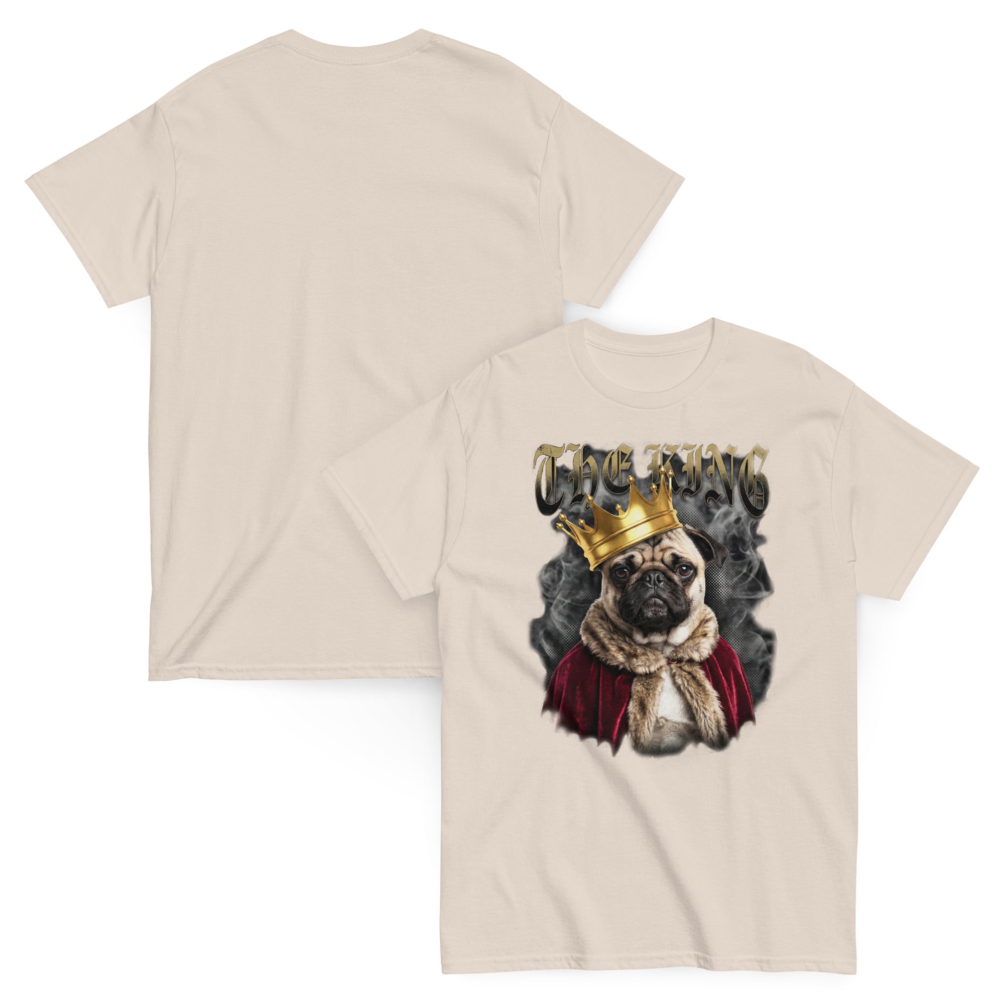 Vintage The King Pug T-shirt. Zwaargewicht shirt met grafische print van een mopshond en kroon