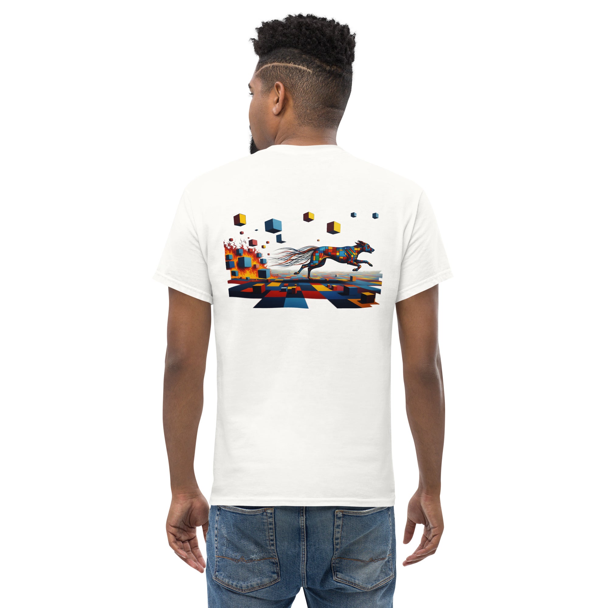 Grafisch Unisex T-shirt, Pixel Burnout hondenprint.