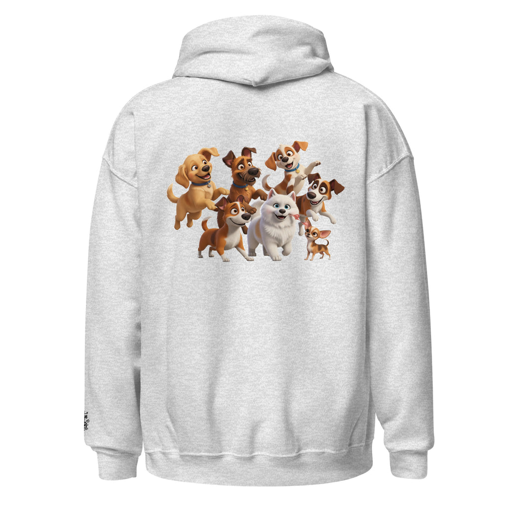 Levendige Pixar stijl unisex hoodie met cartoon hondenprint