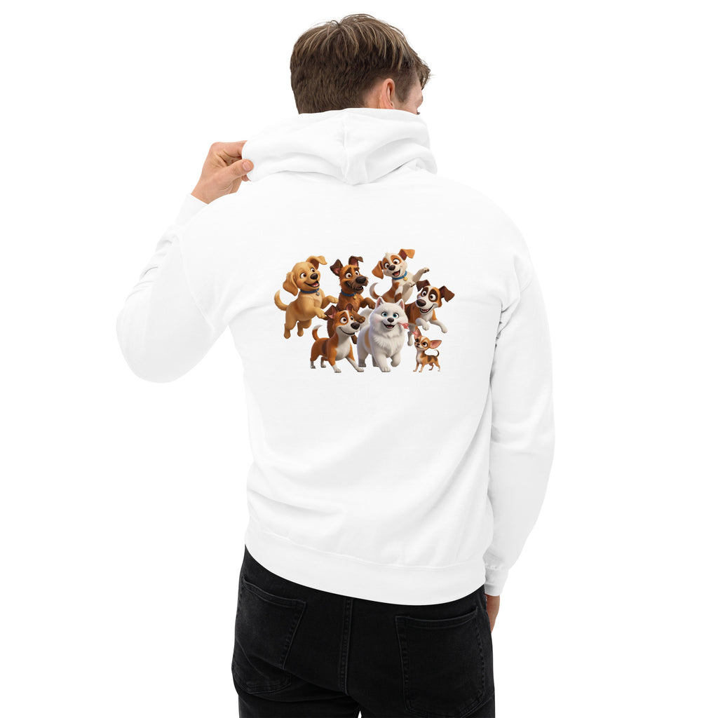 Unisex hoodie met cartoon hondenprint, Pixar stijl. Levendige grafische trui voor hondenliefhebbers.