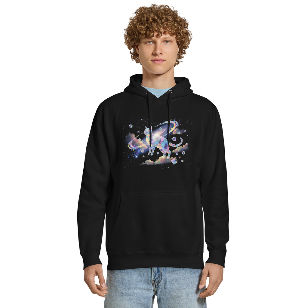 Premium Unisex hoodie met Zero Gravity kattenprint.
