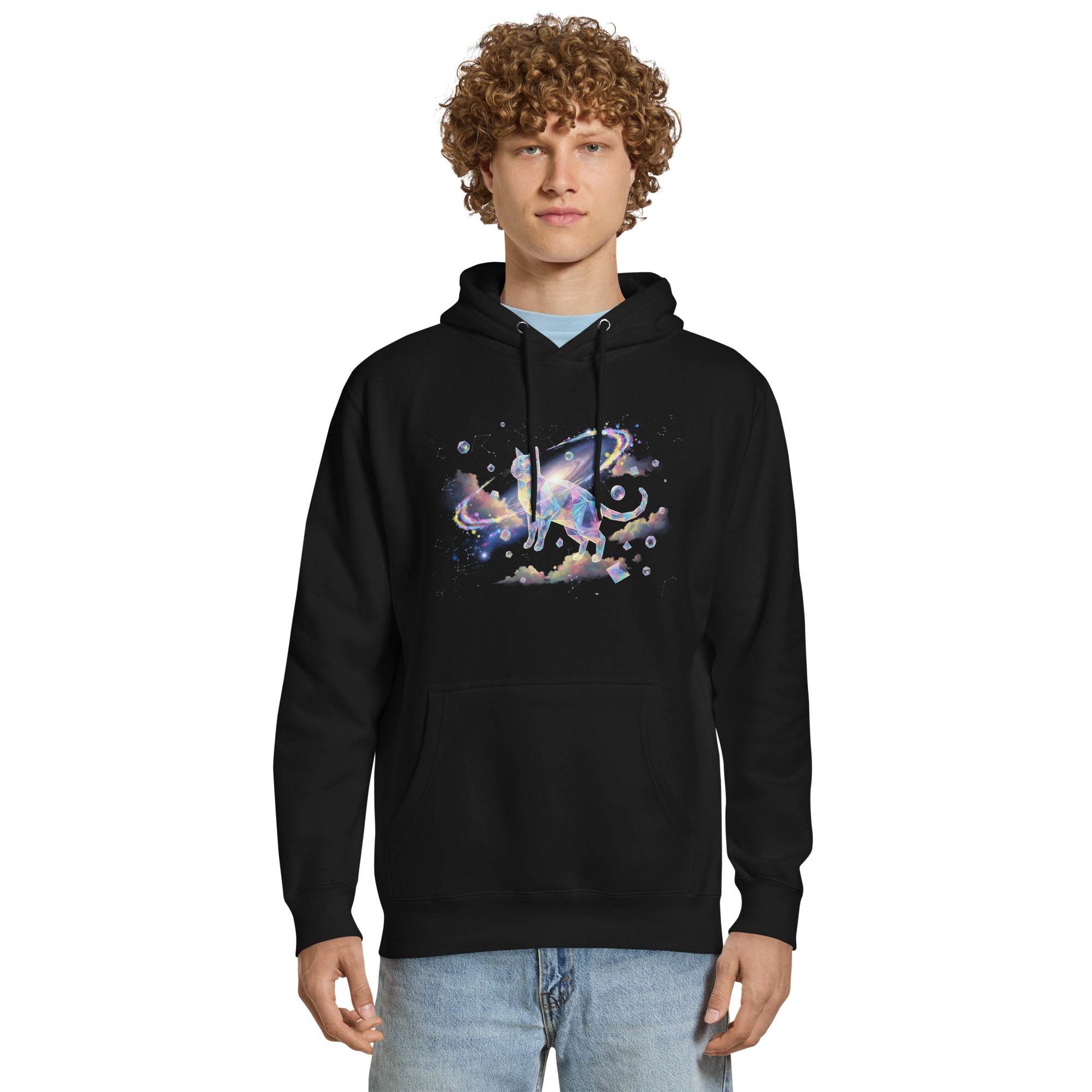 Premium Unisex hoodie met Zero Gravity kattenprint.